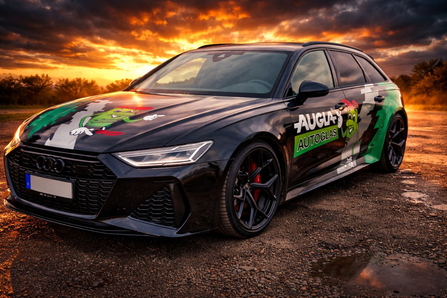 Mobiles Einsatzfahrzeug von Augla Autoglas bei Sonnenuntergang – professioneller Autoglas-Service für Steinschlagreparatur und Scheibentausch